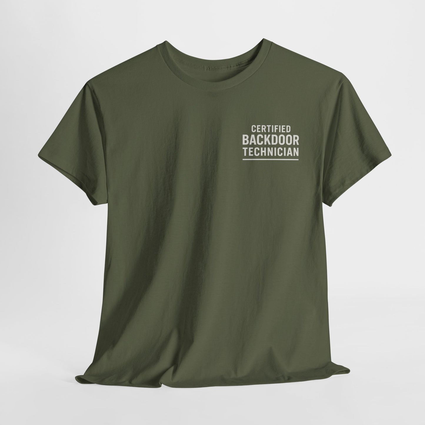 Certified Backdoor Technician Unisex Heavy Cotton Tee, Funny Tech Shirt, Gift for IT Professionals, Casual Wear, Geeky T-Shirt