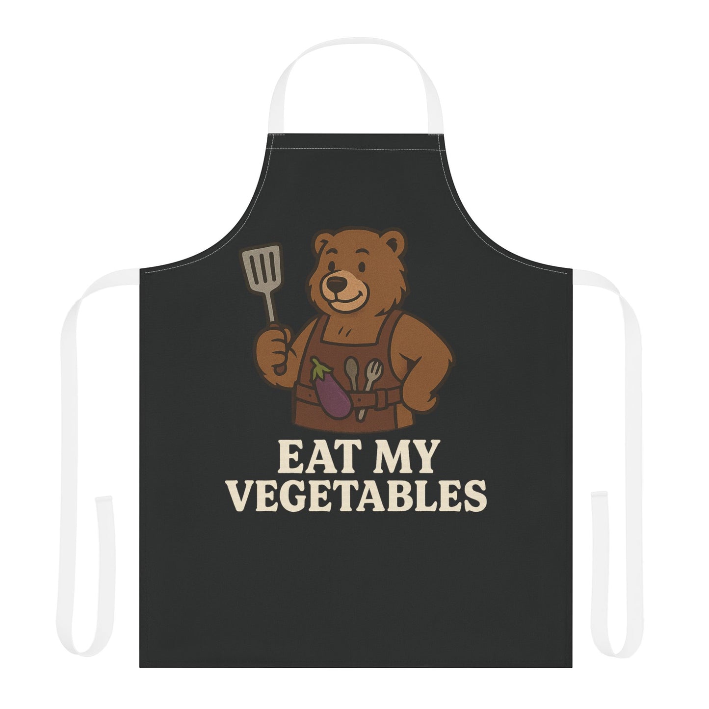 Eat My Vegetables Funny Bear Apron – Gay Bear BBQ Cooking Gift, Kitchen Grilling Apron with Eggplant Design