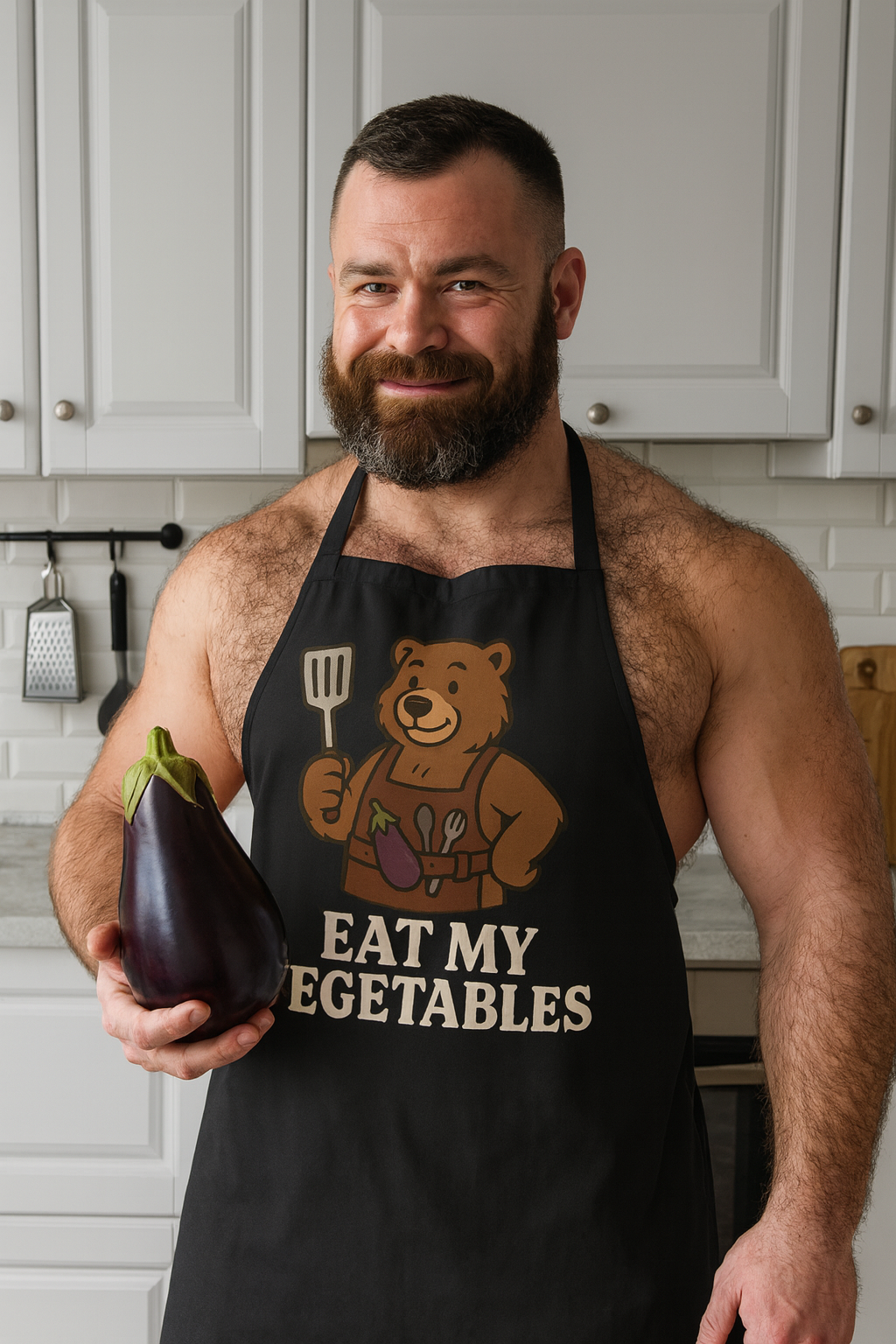 Eat My Vegetables Funny Bear Apron – Gay Bear BBQ Cooking Gift, Kitchen Grilling Apron with Eggplant Design