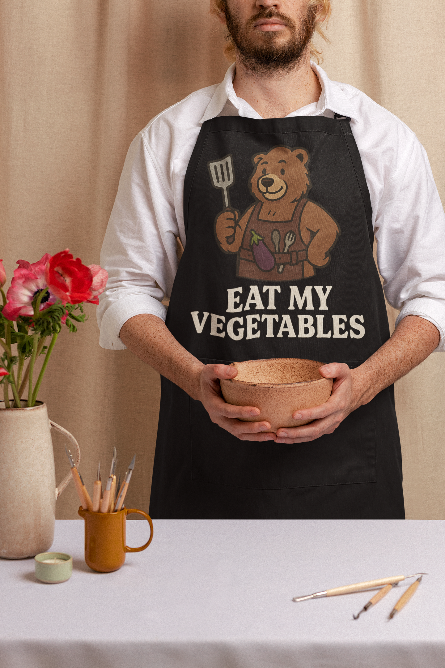 Eat My Vegetables Funny Bear Apron – Gay Bear BBQ Cooking Gift, Kitchen Grilling Apron with Eggplant Design