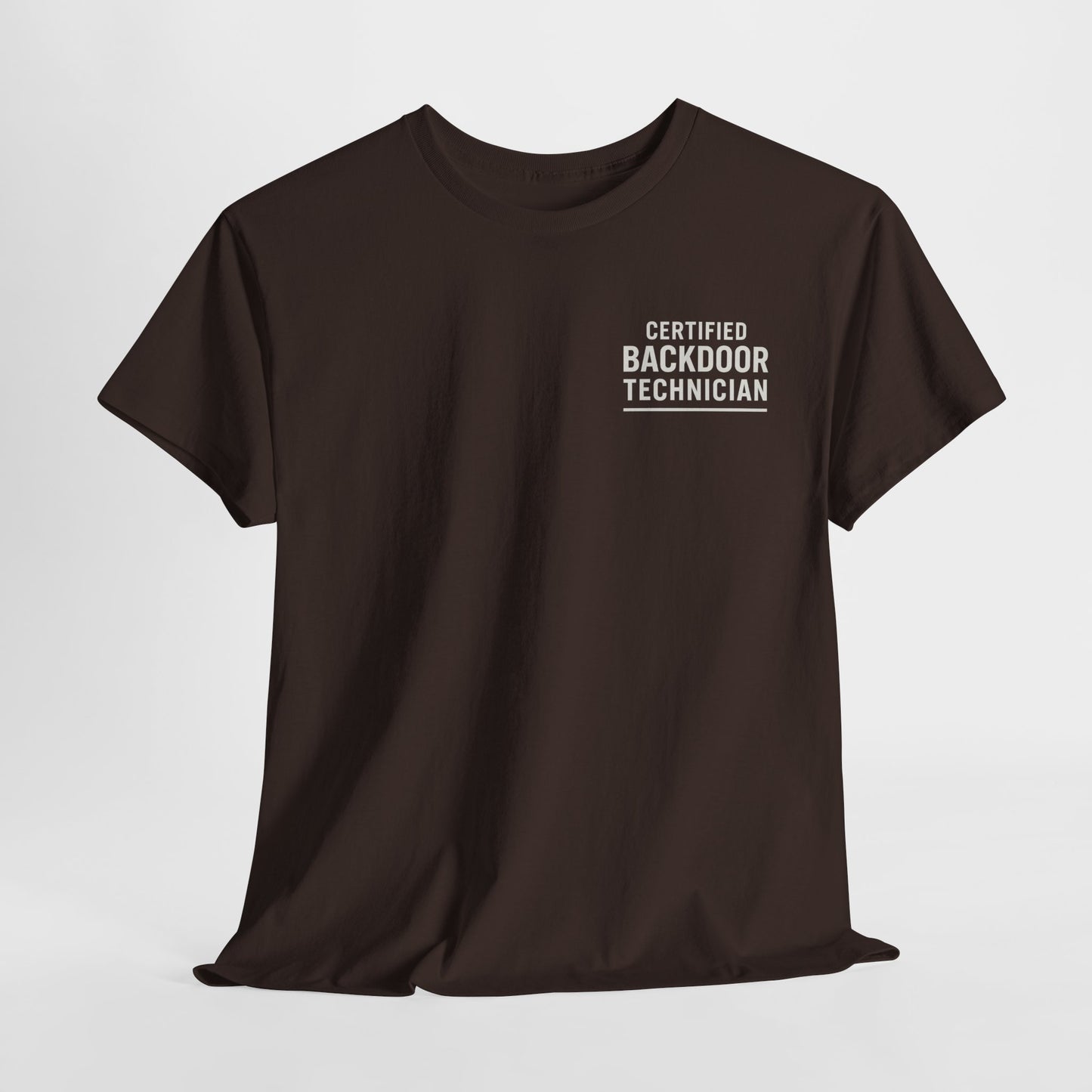 Certified Backdoor Technician Unisex Heavy Cotton Tee, Funny Tech Shirt, Gift for IT Professionals, Casual Wear, Geeky T-Shirt