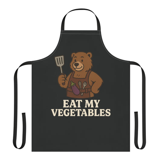 Eat My Vegetables Funny Bear Apron – Gay Bear BBQ Cooking Gift, Kitchen Grilling Apron with Eggplant Design