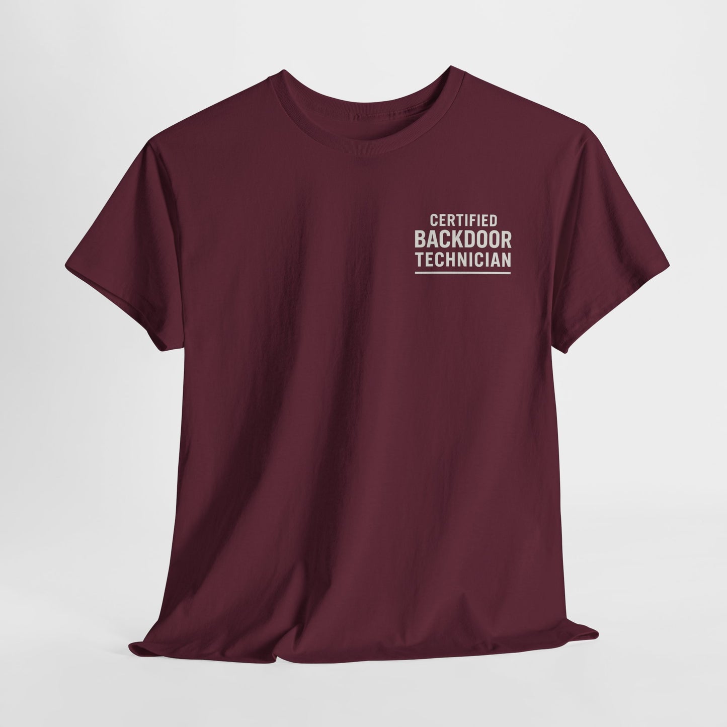 Certified Backdoor Technician Unisex Heavy Cotton Tee, Funny Tech Shirt, Gift for IT Professionals, Casual Wear, Geeky T-Shirt