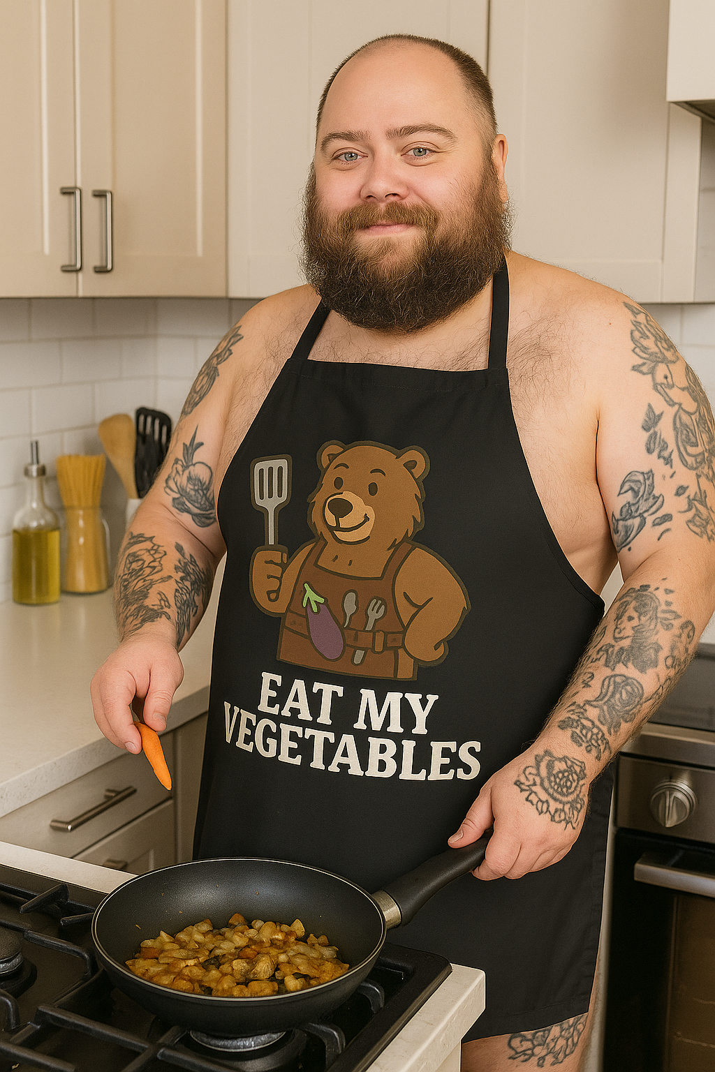 Eat My Vegetables Funny Bear Apron – Gay Bear BBQ Cooking Gift, Kitchen Grilling Apron with Eggplant Design