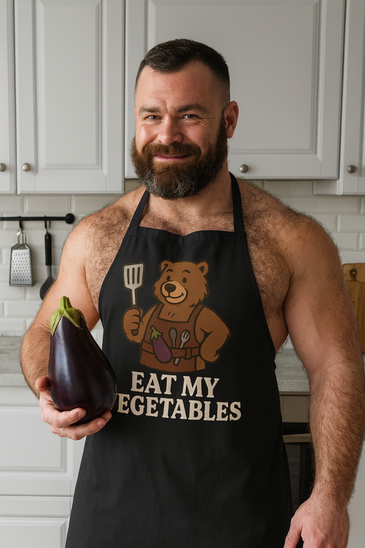Eat My Vegetables Funny Bear Apron – Gay Bear BBQ Cooking Gift, Kitchen Grilling Apron with Eggplant Design
