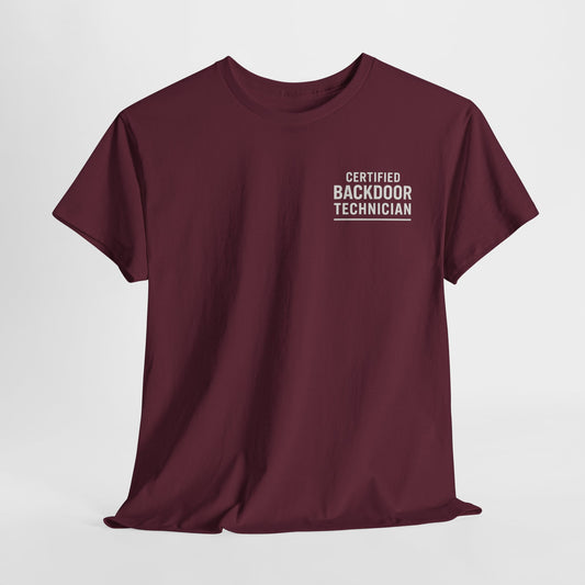 Certified Backdoor Technician Unisex Heavy Cotton Tee, Funny Tech Shirt, Gift for IT Professionals, Casual Wear, Geeky T-Shirt