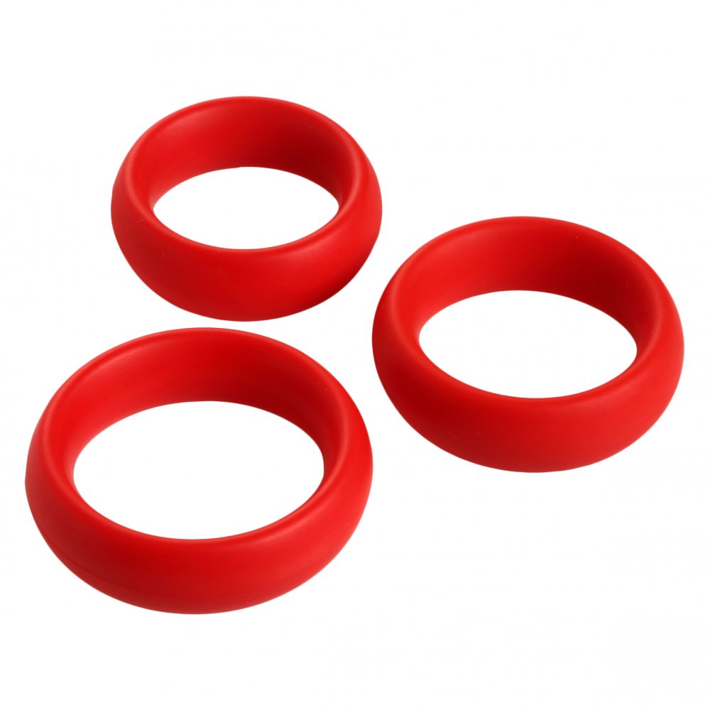 Set of three silicone cock rings in small, medium, and large sizes, designed to enhance and prolong erections. Each ring is made from high-quality, allergy-safe silicone, easy to sterilize, and features a thick, sturdy band for effective use.