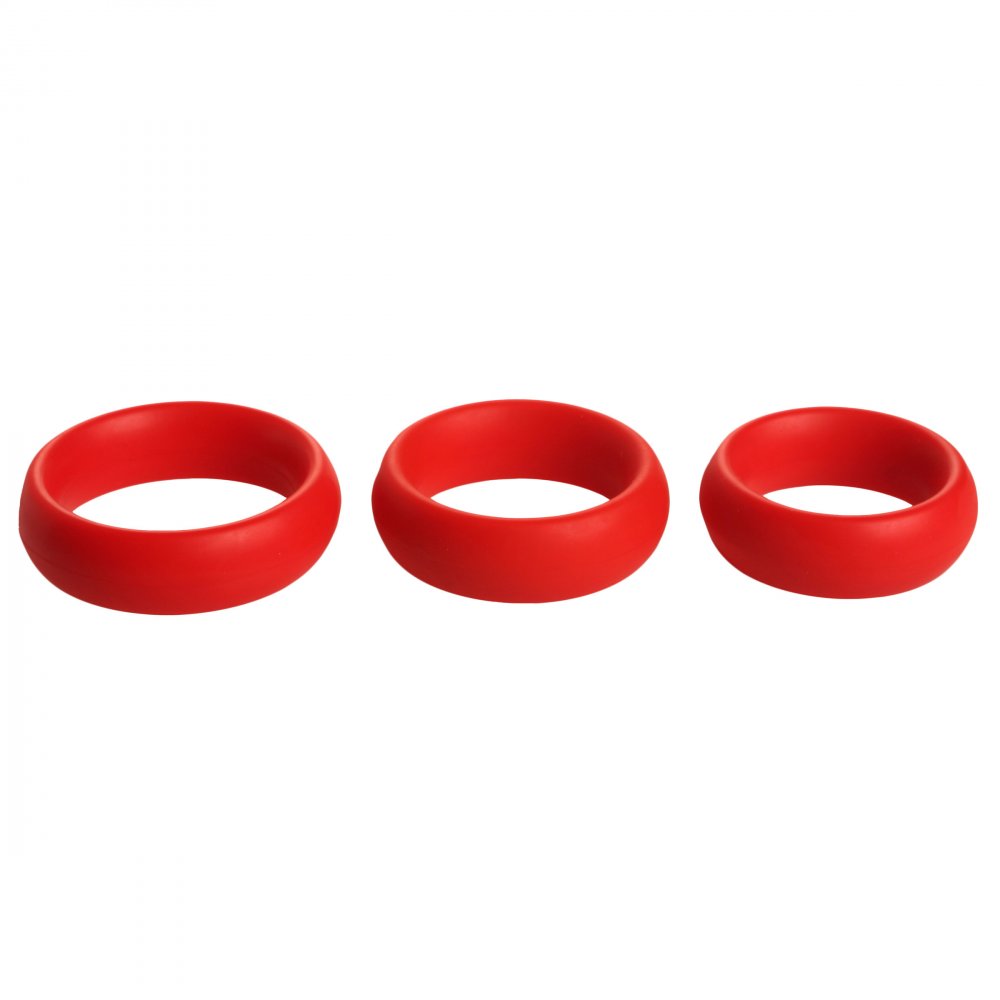 Set of three silicone cock rings in small, medium, and large sizes, designed to enhance and prolong erections. Each ring is made from high-quality, allergy-safe silicone, easy to sterilize, and features a thick, sturdy band for effective use.