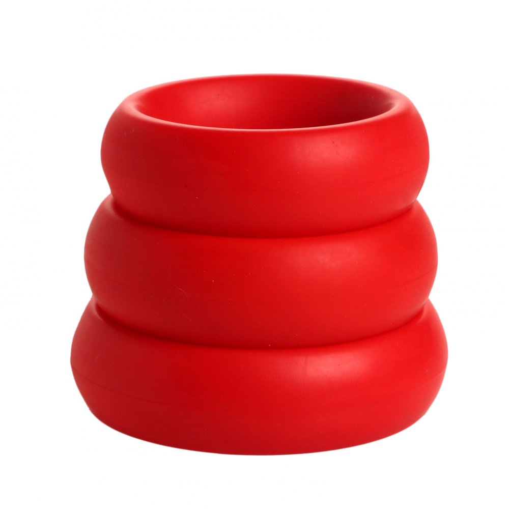 Set of three silicone cock rings in small, medium, and large sizes, designed to enhance and prolong erections. Each ring is made from high-quality, allergy-safe silicone, easy to sterilize, and features a thick, sturdy band for effective use.